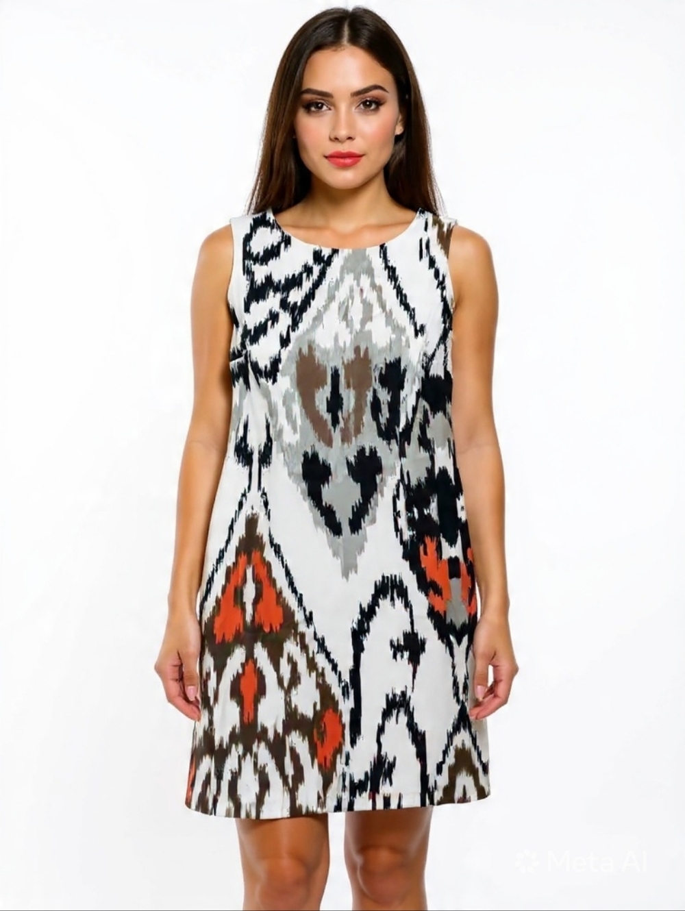 Dressbarn Size 8 Ikat Print Sleeveless Shift Dress Orange Black Mod Boho Career